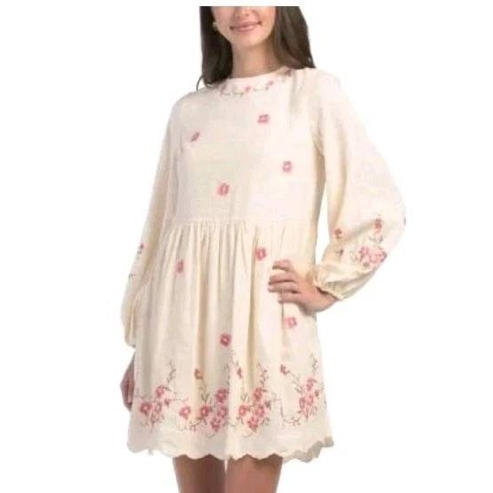 NWT Caroline Constas Mini Dress XS Ivory Floral Coastal Summer Linen Cottagecore